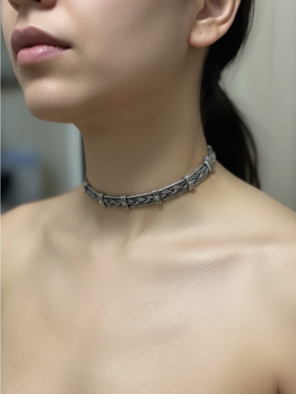 Navratri Jewelry— Sterling-Style Braided Silver Choker Necklace - Women